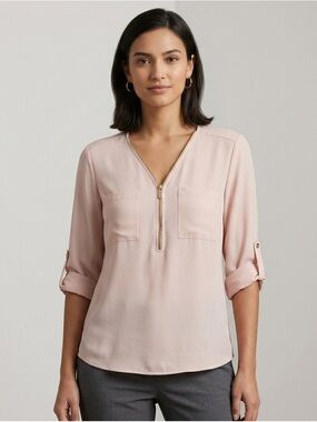 Calvin Klein Women's Blush Zip-Front Blouse -L